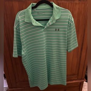 Under Armour Men’s Green with White & Blue Stripes Golf Polo - Heatgear Loose